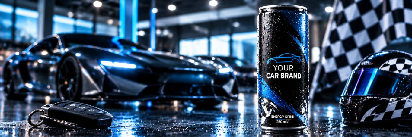 Schwarz-blaue Design-Dose mit Fahrzeugsilhouette neben Autoschlüssel und Sportwagen in einem Showroom