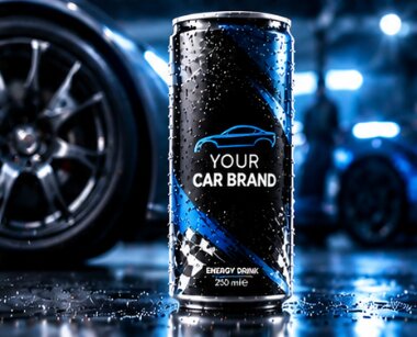 Schwarz-blaue Dose mit Fahrzeugsilhouette neben einem Rad im Autohaus