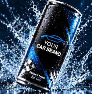 Blaue Autohaus-Design-Dose in einem Wassersplash mit Eiswürfeln