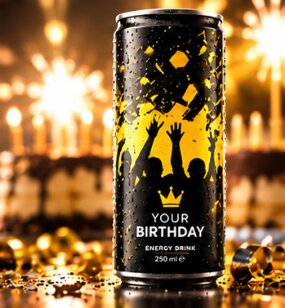 Design-Dose mit gelbem Partymotiv vor einer Geburtstagstorte