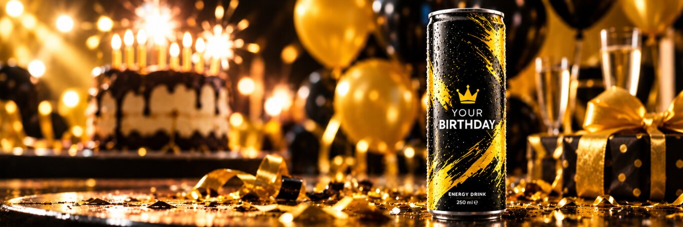 Schwarz-gelbe Geburtstagsdose vor einer Torte, goldenen Ballons und Geschenken
