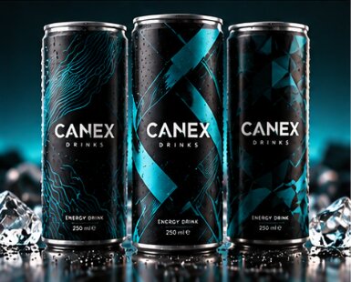 Drei schwarz-türkise CANEX Dosen mit unterschiedlichen grafischen Designs