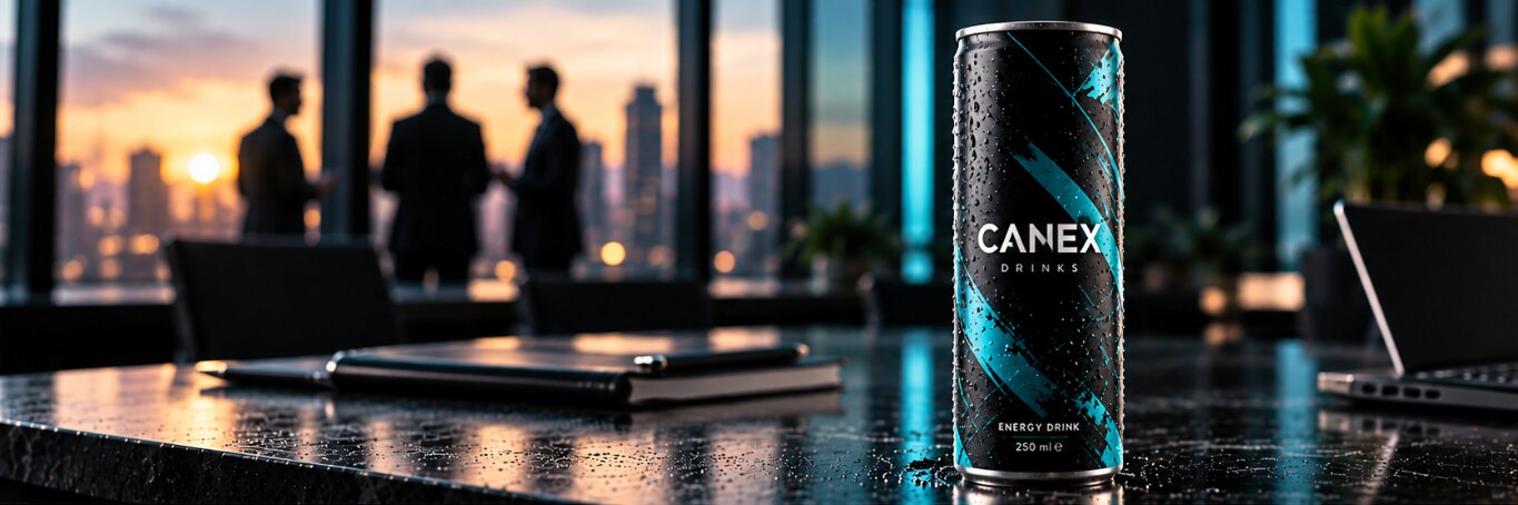 Schwarz-türkise CANEX Design-Dose auf einem Konferenztisch vor einer Skyline