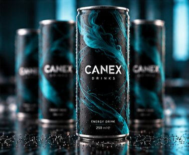 Mehrere CANEX Dosen mit abstraktem türkisem Motiv im Business-Umfeld