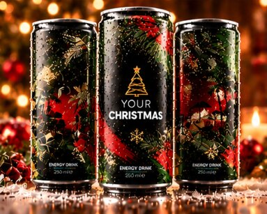 Drei Weihnachtsdosen mit roten Bändern, grünen Zweigen und goldenen Tannenbaummotiven