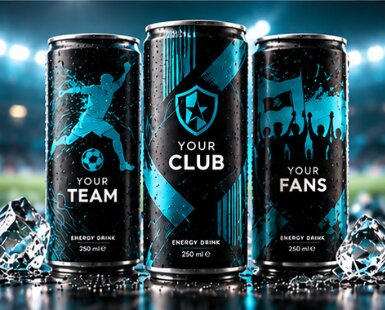 Drei Design-Dosen mit Motiven für Mannschaft, Verein und Fans im Stadion