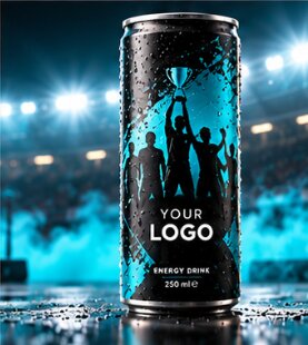 Design-Dose mit jubelnden Fans und Pokalmotiv unter Stadionflutlicht