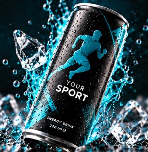 Schwarz-türkise Design-Dose mit Sportlermotiv in einem Wassersplash