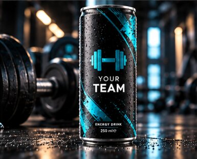 Design-Dose mit Hantelmotiv und Team-Schriftzug im Fitnessstudio