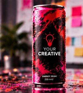 Design-Dose mit pinken und korallroten Farbakzenten auf einem Arbeitstisch