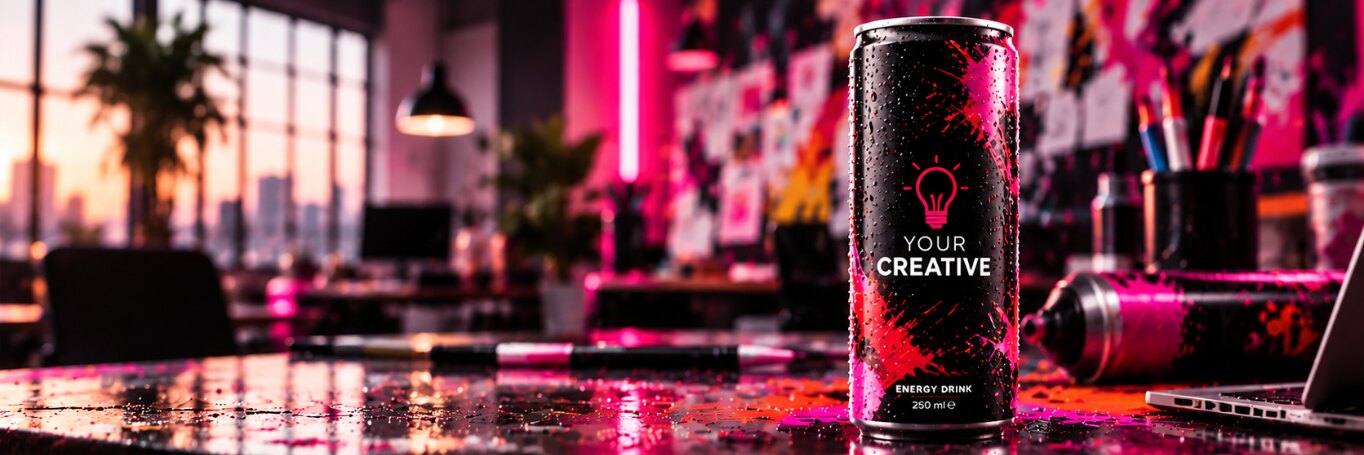 Schwarz-pinke Design-Dose mit Glühbirnenmotiv im Kreativatelier zwischen Farben und Skizzen