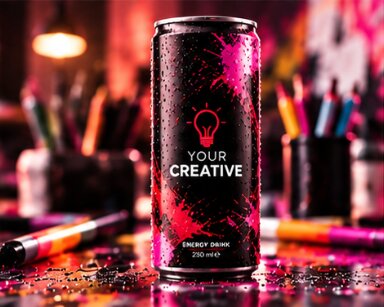 Schwarz-pinke Design-Dose zwischen Stiften und Pinseln im Atelier