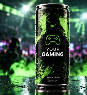 Gaming-Dose mit neongrünem Design vor einer Event-Arena
