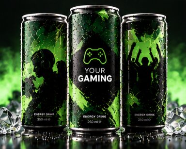 Drei schwarz-grüne Design-Dosen mit Gaming-, Controller- und Fanmotiven