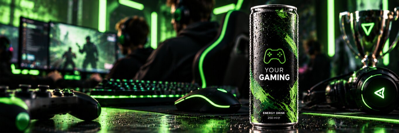 Schwarz-grüne Design-Dose mit Controller-Motiv an einem Gaming-Setup neben Headset und Pokal