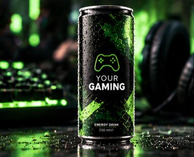 Schwarz-grüne Design-Dose vor einem beleuchteten Gaming-Setup