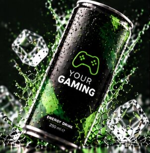 Gaming-Dose mit grünem Controller-Motiv in einem Wassersplash