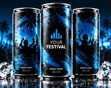 Drei schwarz-blaue Design-Dosen mit Festival-, Equalizer- und Publikumsmotiven