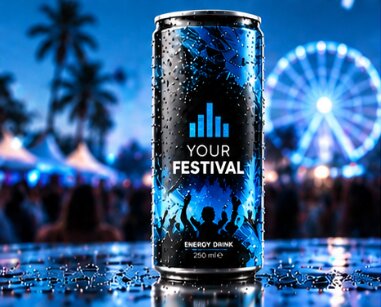 Schwarz-blaue Design-Dose vor einem Festivalgelände mit Riesenrad