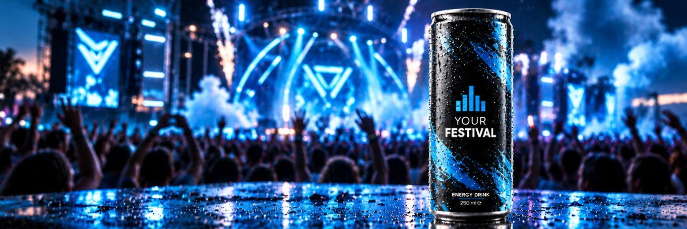 Schwarz-blaue Design-Dose mit Equalizer-Motiv vor einer beleuchteten Festivalbühne und Publikum