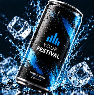 Festival-Dose mit blauem Equalizer-Motiv in einem Wassersplash