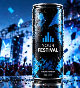 Festival-Dose mit blauem Konfettimotiv vor einer Konzertbühne