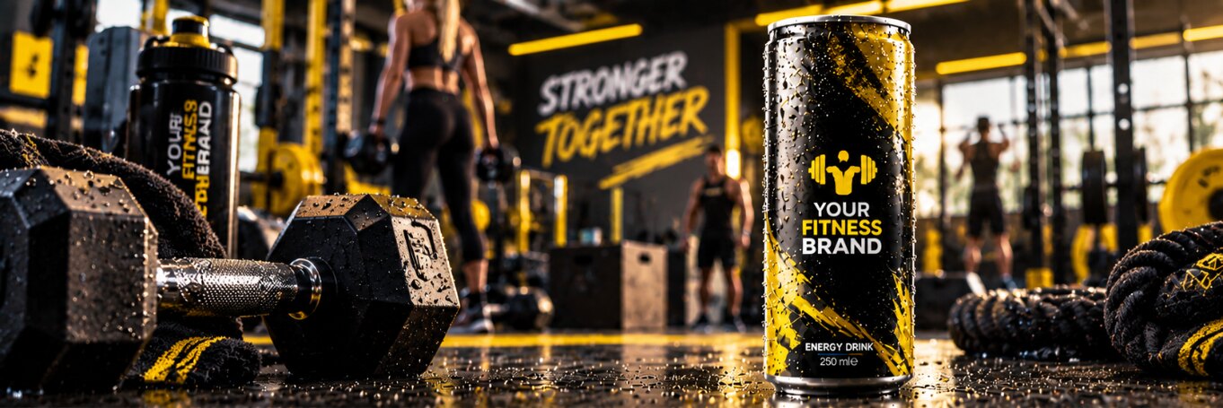Schwarz-gelbe Design-Dose mit Hantelmotiv zwischen Trainingsgewichten in einem Fitnessstudio