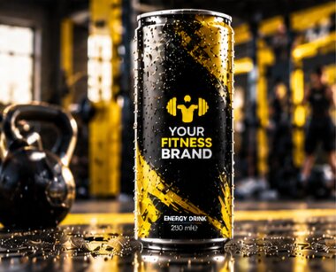 Dose mit gelbem Hantelmotiv neben einer Kettlebell im Trainingsbereich