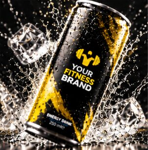 Schwarz-gelbe Fitness-Design-Dose in einem Wassersplash mit Eiswürfeln