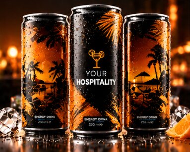 Drei schwarz-orange Design-Dosen mit Palmen- und Hospitality-Motiven