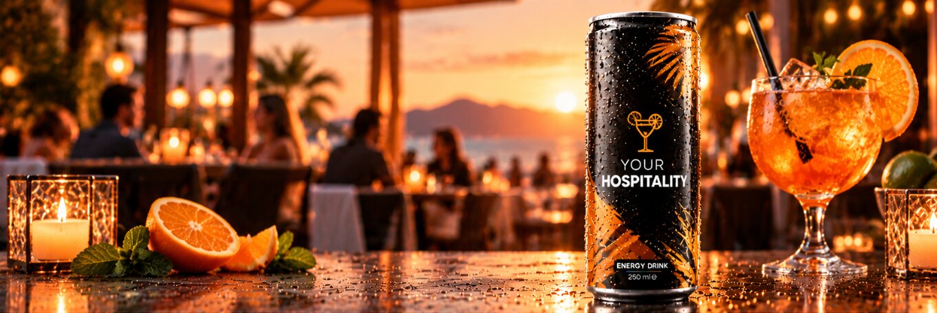 Schwarz-orange Design-Dose auf einer beleuchteten Restaurantterrasse mit gedeckten Tischen bei Sonnenuntergang