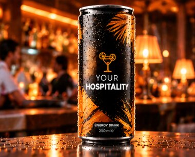 Hospitality-Design-Dose auf einem Tresen vor einer warm beleuchteten Bar