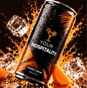 Orange Design-Dose mit stilisiertem Glas in einem Wassersplash mit Eiswürfeln