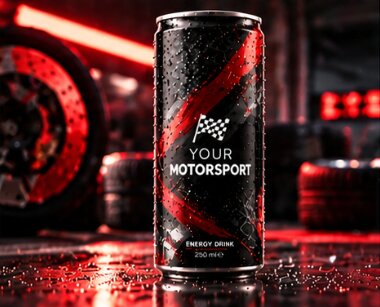 Schwarz-rote Design-Dose neben einem Fahrzeugrad in einer beleuchteten Garage