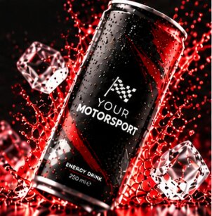 Motorsport-Dose mit Zielflagge in einem roten Wassersplash