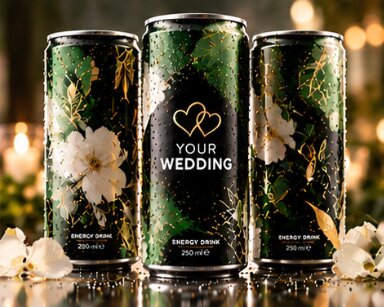 Drei grün-goldene Design-Dosen mit weißen Blüten und Herzmotiven