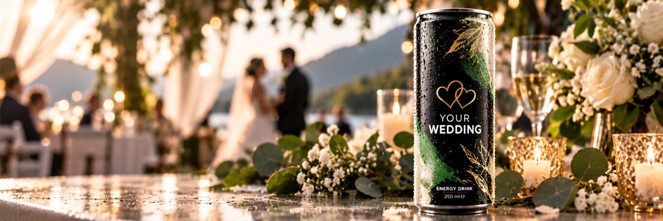 Grün-goldene Design-Dose mit zwei Herzen auf einer Hochzeitstafel mit Blumen und Kerzen